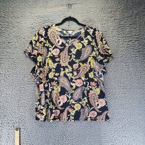 Cato Top Womens Size XL Navy Blue Paisley Lightweight Short Sleeve Blouse